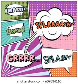 Abstract creative concept comic pop art style blank, layout template with clouds beams and isolated dots background. For sale banner, empty speech bubble set, vector illustration halftone book design