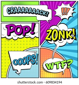 Abstract creative concept comic pop art style blank, layout template with clouds beams and isolated dots background. For sale banner, empty speech bubble set, vector illustration halftone book design