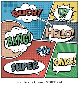 Abstract creative concept comic pop art style blank, layout template with clouds beams and isolated dots background. For sale banner, empty speech bubble set, vector illustration halftone book design