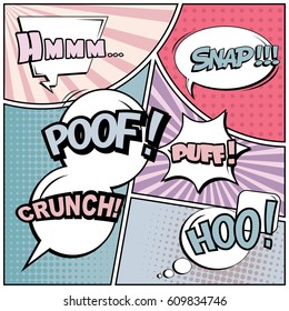 Abstract creative concept comic pop art style blank, layout template with clouds beams and isolated dots background. For sale banner, empty speech bubble set, vector illustration halftone book design