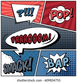 Abstract creative concept comic pop art style blank, layout template with clouds beams and isolated dots background. For sale banner, empty speech bubble set, vector illustration halftone book design