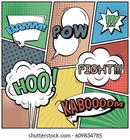 Abstract creative concept comic pop art style blank, layout template with clouds beams and isolated dots background. For sale banner, empty speech bubble set, vector illustration halftone book design