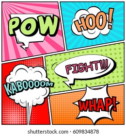 Abstract creative concept comic pop art style blank, layout template with clouds beams and isolated dots background. For sale banner, empty speech bubble set, vector illustration halftone book design