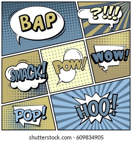 Abstract creative concept comic pop art style blank, layout template with clouds beams and isolated dots background. For sale banner, empty speech bubble set, vector illustration halftone book design
