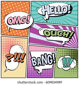 Abstract creative concept comic pop art style blank, layout template with clouds beams and isolated dots background. For sale banner, empty speech bubble set, vector illustration halftone book design