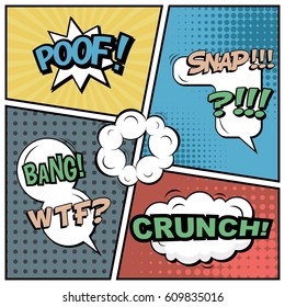 Abstract creative concept comic pop art style blank, layout template with clouds beams and isolated dots background. For sale banner, empty speech bubble set, vector illustration halftone book design
