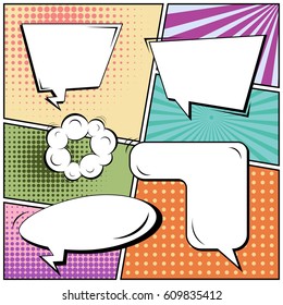 Abstract creative concept comic pop art style blank, layout template with clouds beams and isolated dots background. For sale banner, empty speech bubble set, vector illustration halftone book design