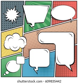 Abstract creative concept comic pop art style blank, layout template with clouds beams and isolated dots background. For sale banner, empty speech bubble set, vector illustration halftone book design