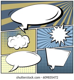Abstract creative concept comic pop art style blank, layout template with clouds beams and isolated dots background. For sale banner, empty speech bubble set, vector illustration halftone book design