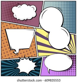 Abstract creative concept comic pop art style blank, layout template with clouds beams and isolated dots background. For sale banner, empty speech bubble set, vector illustration halftone book design