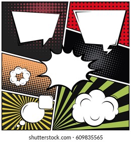 Abstract creative concept comic pop art style blank, layout template with clouds beams and isolated dots background. For sale banner, empty speech bubble set, vector illustration halftone book design