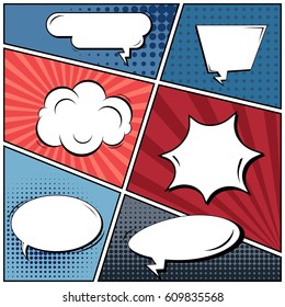 Abstract creative concept comic pop art style blank, layout template with clouds beams and isolated dots background. For sale banner, empty speech bubble set, vector illustration halftone book design