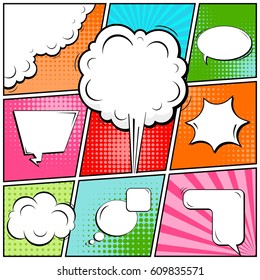 Abstract Creative Concept Comic Pop Art Style Blank, Layout Template With Clouds Beams And Isolated Dots Background. For Sale Banner, Empty Speech Bubble Set, Vector Illustration Halftone Book Design