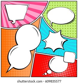 Abstract creative concept comic pop art style blank, layout template with clouds beams and isolated dots background. For sale banner, empty speech bubble set, vector illustration halftone book design