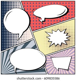 Abstract creative concept comic pop art style blank, layout template with clouds beams and isolated dots background. For sale banner, empty speech bubble set, vector illustration halftone book design