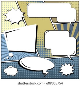 Abstract creative concept comic pop art style blank, layout template with clouds beams and isolated dots background. For sale banner, empty speech bubble set, vector illustration halftone book design