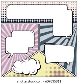 Abstract creative concept comic pop art style blank, layout template with clouds beams and isolated dots background. For sale banner, empty speech bubble set, vector illustration halftone book design