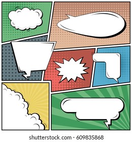 Abstract creative concept comic pop art style blank, layout template with clouds beams and isolated dots background. For sale banner, empty speech bubble set, vector illustration halftone book design