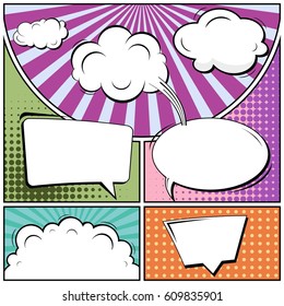 Abstract creative concept comic pop art style blank, layout template with clouds beams and isolated dots background. For sale banner, empty speech bubble set, vector illustration halftone book design