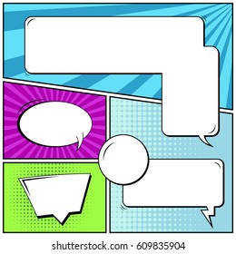 Abstract creative concept comic pop art style blank, layout template with clouds beams and isolated dots background. For sale banner, empty speech bubble set, vector illustration halftone book design