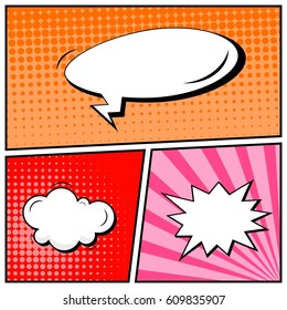 Abstract creative concept comic pop art style blank, layout template with clouds beams and isolated dots background. For sale banner, empty speech bubble set, vector illustration halftone book design