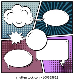 Abstract creative concept comic pop art style blank, layout template with clouds beams and isolated dots background. For sale banner, empty speech bubble set, vector illustration halftone book design