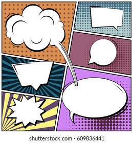 Abstract creative concept comic pop art style blank, layout template with clouds beams and isolated dots background. For sale banner, empty speech bubble set, vector illustration halftone book design