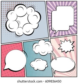 Abstract creative concept comic pop art style blank, layout template with clouds beams and isolated dots background. For sale banner, empty speech bubble set, vector illustration halftone book design