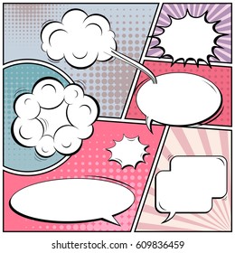 Abstract creative concept comic pop art style blank, layout template with clouds beams and isolated dots background. For sale banner, empty speech bubble set, vector illustration halftone book design
