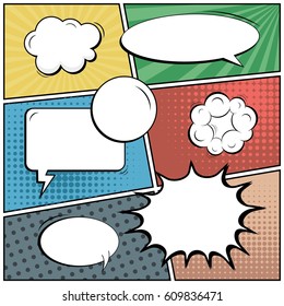 Abstract creative concept comic pop art style blank, layout template with clouds beams and isolated dots background. For sale banner, empty speech bubble set, vector illustration halftone book design