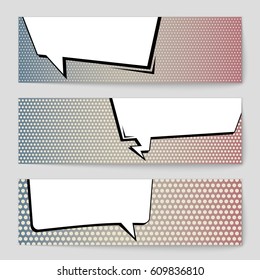 Abstract creative concept comic pop art style blank, layout template with clouds beams and isolated dots background. For sale banner, empty speech bubble set, vector illustration halftone book design