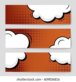 Abstract creative concept comic pop art style blank, layout template with clouds beams and isolated dots background. For sale banner, empty speech bubble set, vector illustration halftone book design