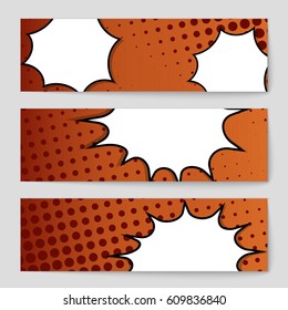 Abstract creative concept comic pop art style blank, layout template with clouds beams and isolated dots background. For sale banner, empty speech bubble set, vector illustration halftone book design