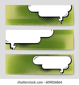 Abstract creative concept comic pop art style blank, layout template with clouds beams and isolated dots background. For sale banner, empty speech bubble set, vector illustration halftone book design