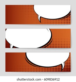 Abstract creative concept comic pop art style blank, layout template with clouds beams and isolated dots background. For sale banner, empty speech bubble set, vector illustration halftone book design