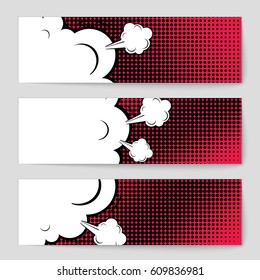 Abstract creative concept comic pop art style blank, layout template with clouds beams and isolated dots background. For sale banner, empty speech bubble set, vector illustration halftone book design