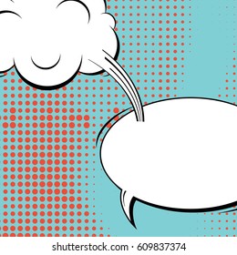 Abstract creative concept comic pop art style blank, layout template with clouds beams and isolated dots background. For sale banner, empty speech bubble set, vector illustration halftone book design