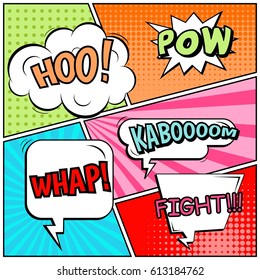 Abstract creative concept comic pop art style blank, layout template with clouds beams and isolated dots background. For sale banner, empty speech bubble set, vector illustration halftone book design