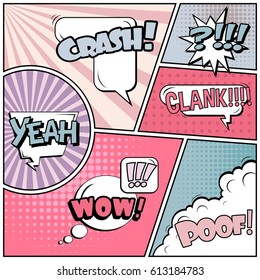 Abstract creative concept comic pop art style blank, layout template with clouds beams and isolated dots background. For sale banner, empty speech bubble set, vector illustration halftone book design