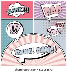 Abstract creative concept comic pop art style blank, layout template with clouds beams and isolated dots background. For sale banner, empty speech bubble set, vector illustration halftone book design