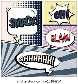 Abstract creative concept comic pop art style blank, layout template with clouds beams and isolated dots background. For sale banner, empty speech bubble set, vector illustration halftone book design