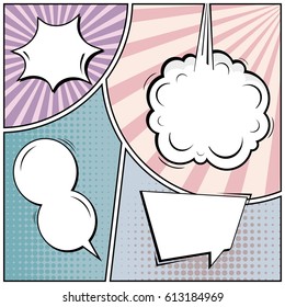 Abstract creative concept comic pop art style blank, layout template with clouds beams and isolated dots background. For sale banner, empty speech bubble set, vector illustration halftone book design