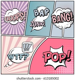 Abstract creative concept comic pop art style blank, layout template with clouds beams and isolated dots background. For sale banner, empty speech bubble set, vector illustration halftone book design