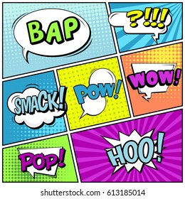Abstract creative concept comic pop art style blank, layout template with clouds beams and isolated dots background. For sale banner, empty speech bubble set, vector illustration halftone book design