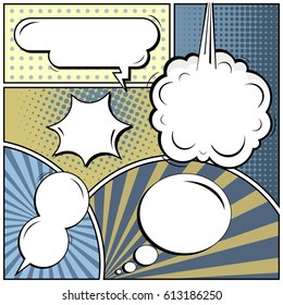 Abstract creative concept comic pop art style blank, layout template with clouds beams and isolated dots background. For sale banner, empty speech bubble set, vector illustration halftone book design