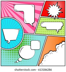 Abstract creative concept comic pop art style blank, layout template with clouds beams and isolated dots background. For sale banner, empty speech bubble set, vector illustration halftone book design