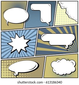 Abstract creative concept comic pop art style blank, layout template with clouds beams and isolated dots background. For sale banner, empty speech bubble set, vector illustration halftone book design