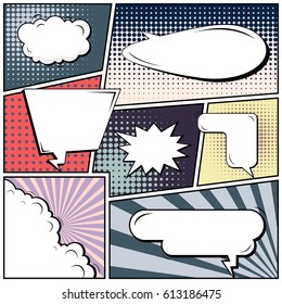 Abstract creative concept comic pop art style blank, layout template with clouds beams and isolated dots background. For sale banner, empty speech bubble set, vector illustration halftone book design