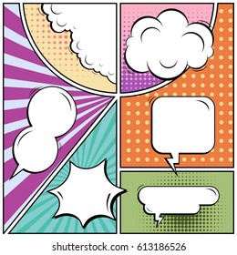 Abstract creative concept comic pop art style blank, layout template with clouds beams and isolated dots background. For sale banner, empty speech bubble set, vector illustration halftone book design