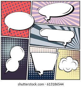 Abstract creative concept comic pop art style blank, layout template with clouds beams and isolated dots background. For sale banner, empty speech bubble set, vector illustration halftone book design